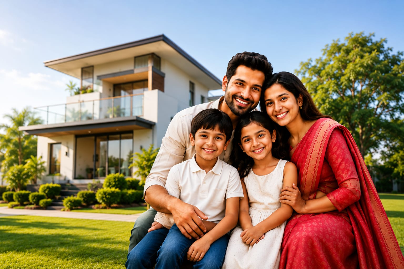 Happy family in front of their home, secured by Kallarakkal Fincorp